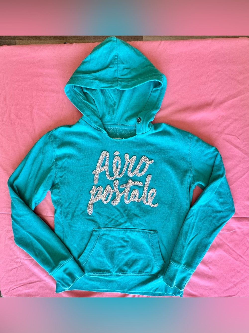 ✨Aeropostale Turquoise Hoodie with Silver Sequin Logo - Size Medium✨